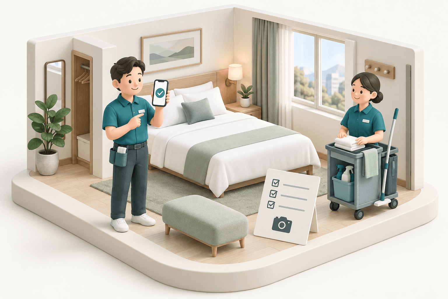 整えられたホテルの客室で、スタッフがスマートフォンとチェック表で清掃を確認するイラスト