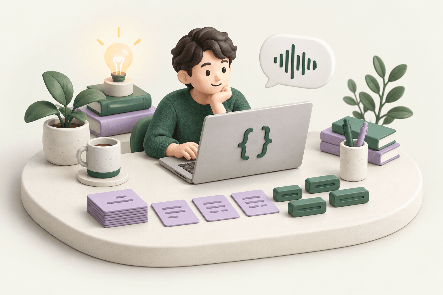 パソコンでコードの名前を考える開発者と、命名カード・読み方を表す吹き出しのイラスト