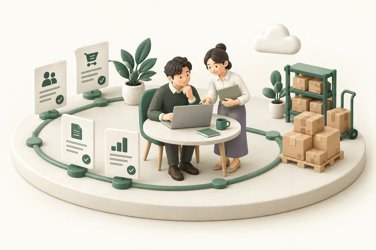 書類・顧客情報・在庫をつなぎ、パソコンで取引を確認する営業と事務のイラスト