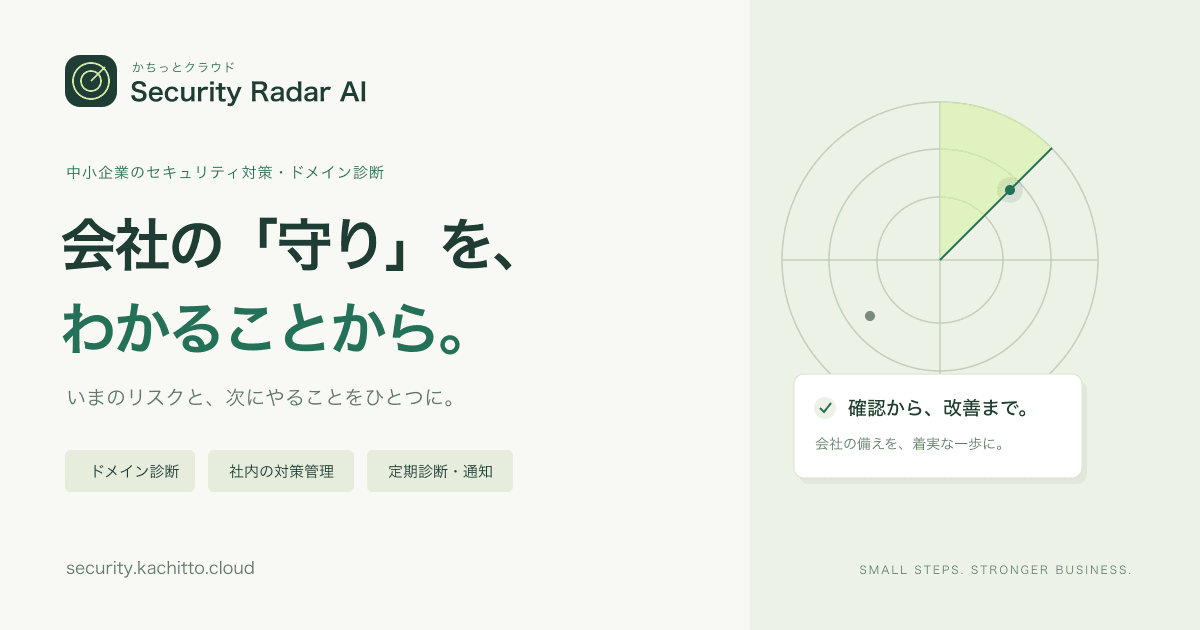 Security Radar AIのレーダーと、ドメイン診断・社内の対策管理・定期診断と通知を紹介するビジュアル